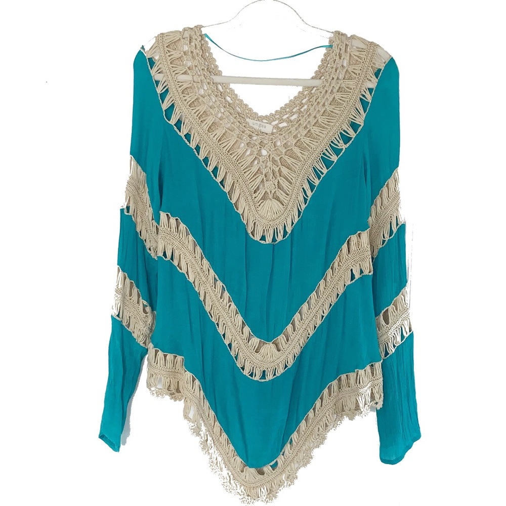 UMGEE Turquoise Crotchet Trim Boho Top L NWOT